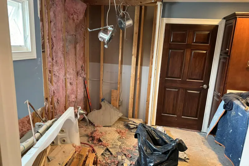 Bathroom gutted to the studs with the tub and shower removed